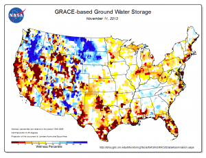 Map of groundwater storage percentiles, one of the drought indicators derived from GRACE satellite data (courtesy of NASA/Goddard).